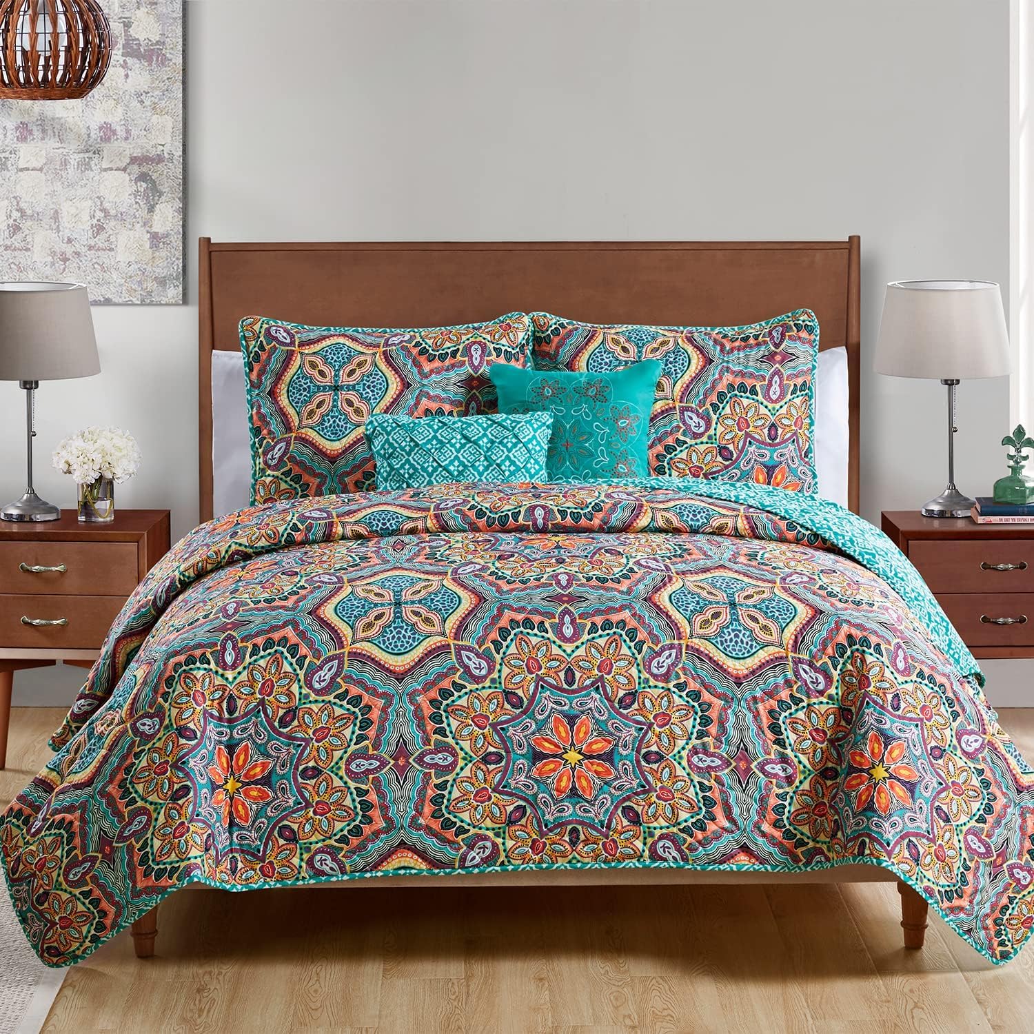Vcny Home Yara Medallion 5 Piece Reversible Quilt Set, King, Aqua